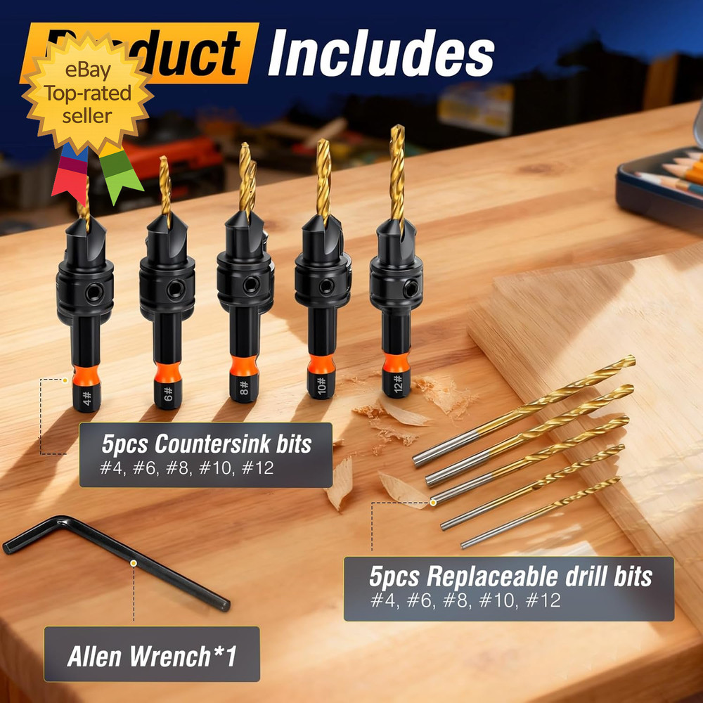 Countersink Drill Bit Set 11Pcs Countersink Drill Bits#4 #6 #8 #10 #12, Titanium