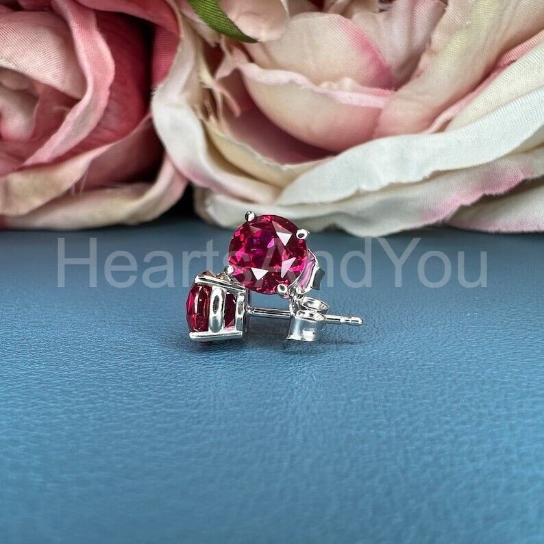 2ct Round Cut Natural Ruby Diamond Solitaire Stud Earrings 14k Solid White Gold