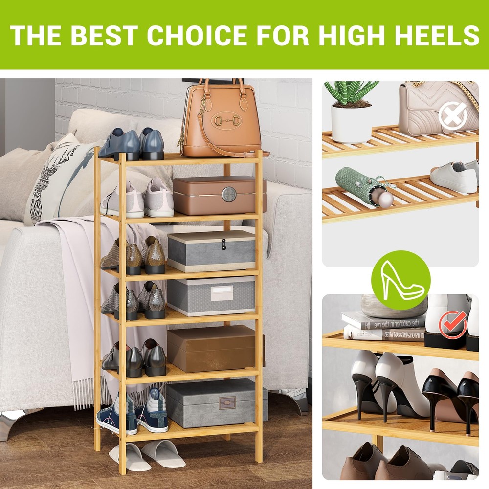 6-Tier Bamboo Small Shoe Rack Premium Stackable Shoe Shelf Storage Organizer ...