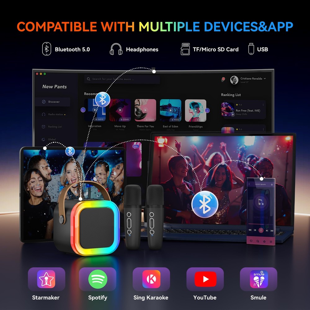 Portable Karaoke Machine with Bluetooth Dual Wireless Mics and Lighting Effects