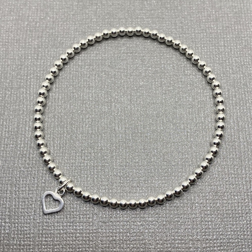 Teacher Gift Sterling Silver Bead Stacking Bracelet Open Heart Stretch Handmade