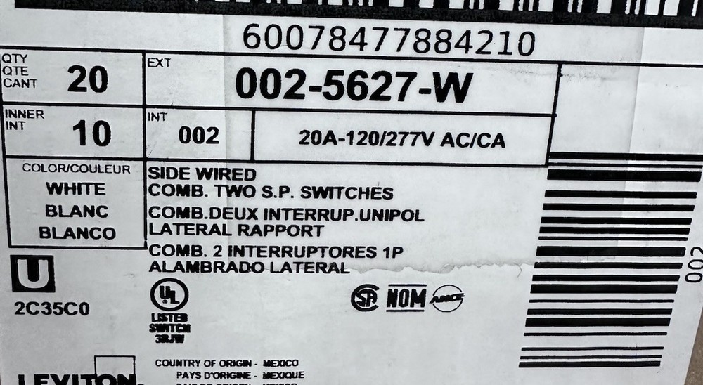 Leviton 5627-W Single Pole Switch 20A 120