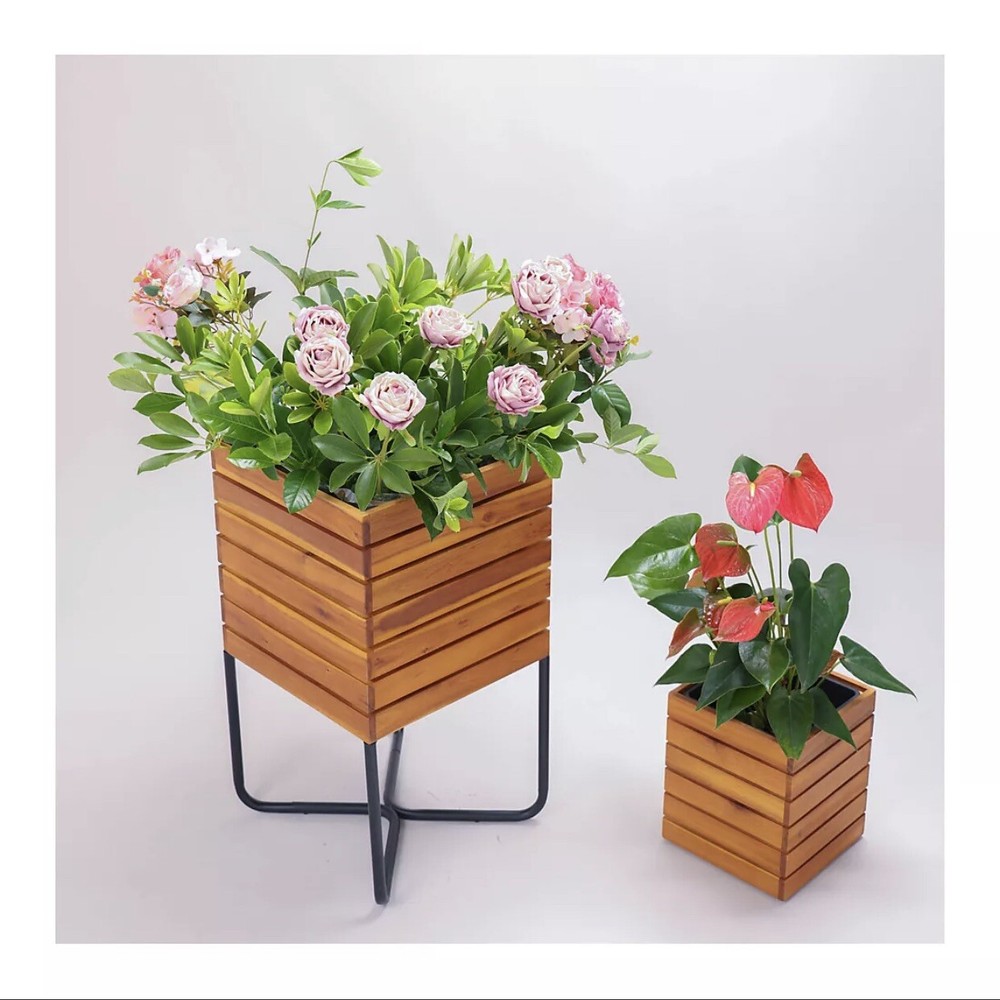 Acacia Square Planter with Drain Holes, 2-Pc.