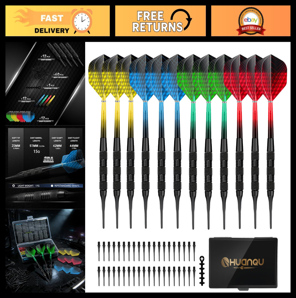 12 Pack Soft Tip Darts Set - 17g Plastic Tip Darts with 40 Extra Tips & Case