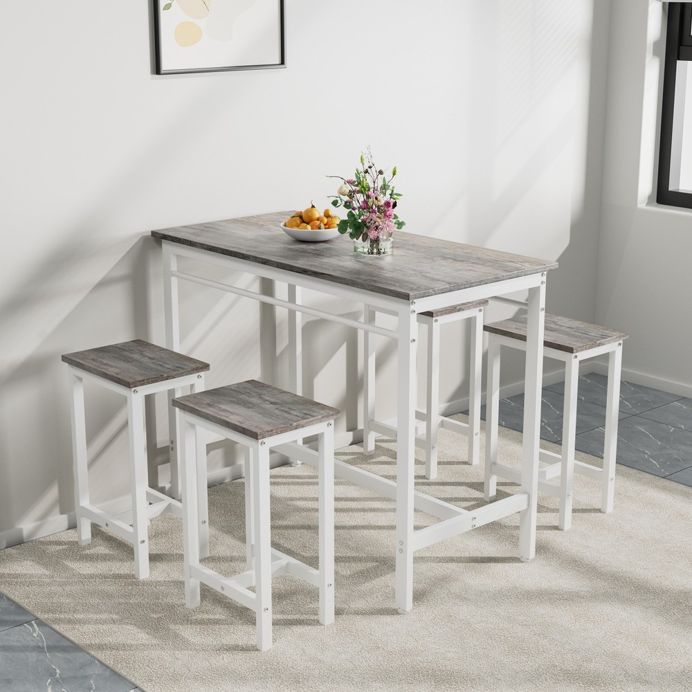 Modern 5 Piece Bar Table Set Counter Height Dining Kitchen Table w/ 4 Bar Stools