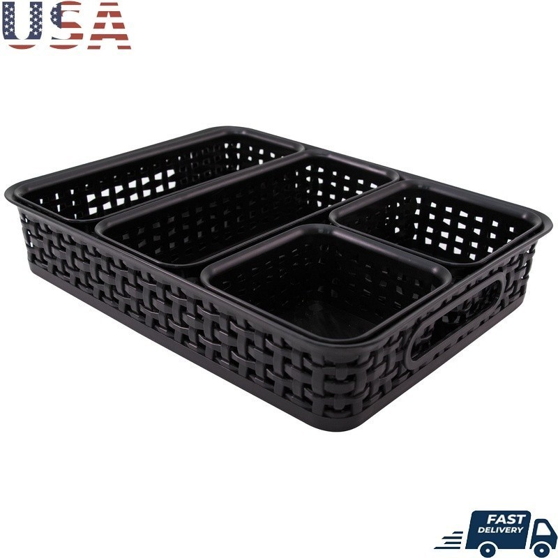 Plastic Weave Bins 5 Pack Letter Size Storage Organizers Rectangular Square New