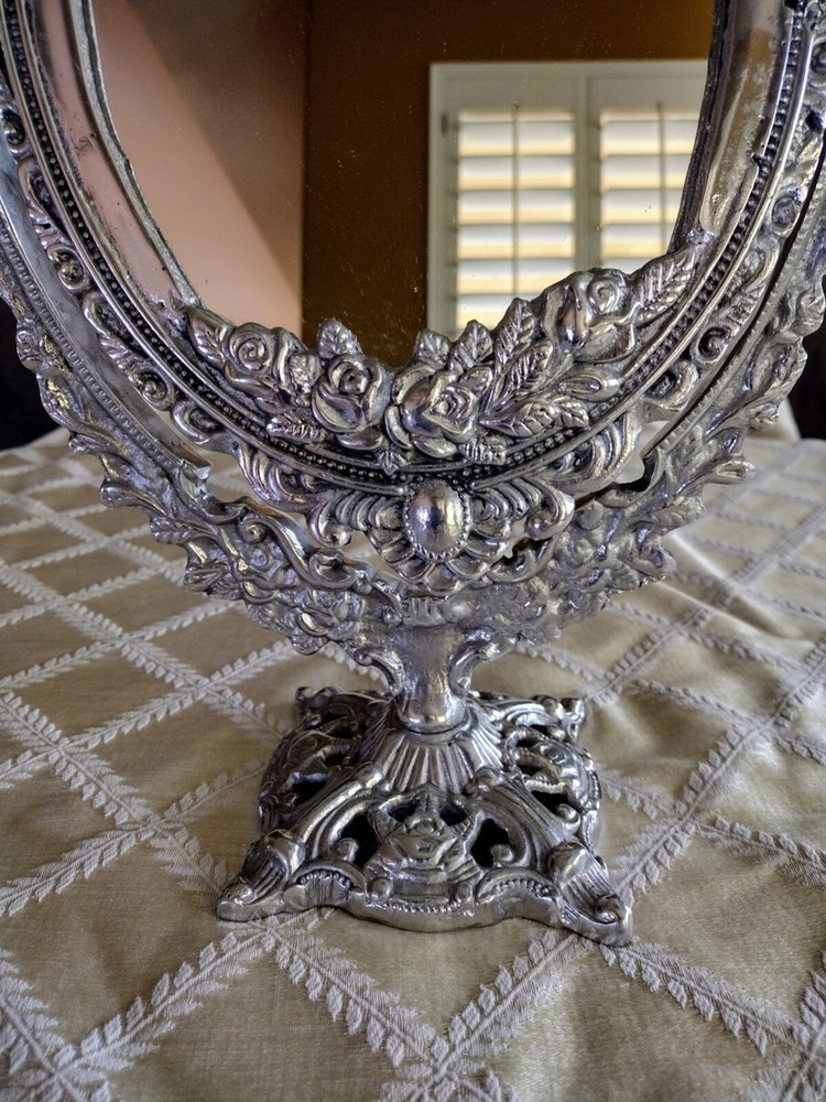 STUNNING VINTAGE SILVER TONE METAL TABLETOP MIRROR...
