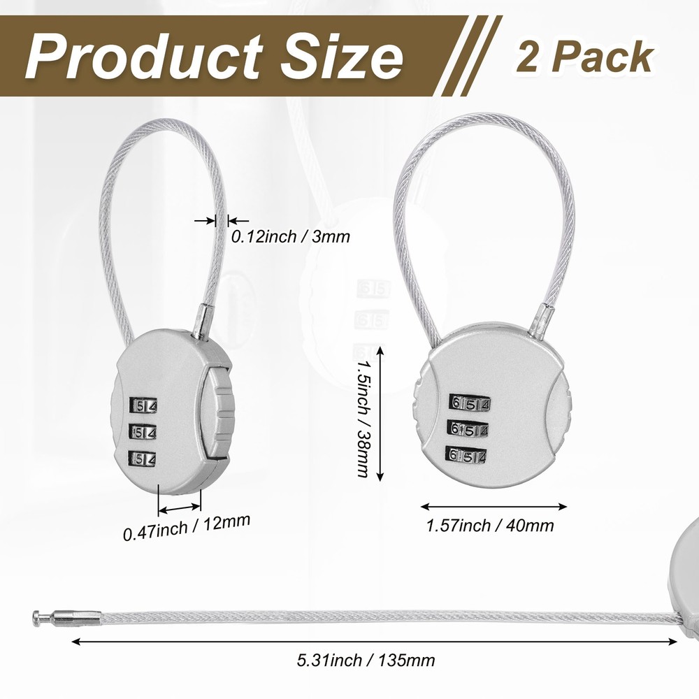 2-Pack Combination Padlock, 3 Digit Round Shaped Cable Luggage Lock [Silver]