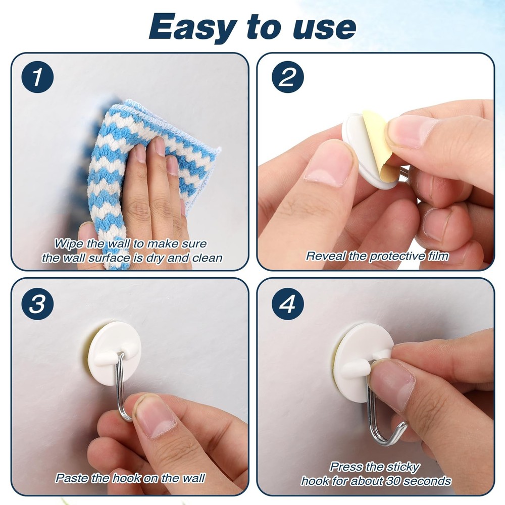 24pcs Round Plastic Hooks - Small Self Stick Hooks for Hanging, White, Waterp...