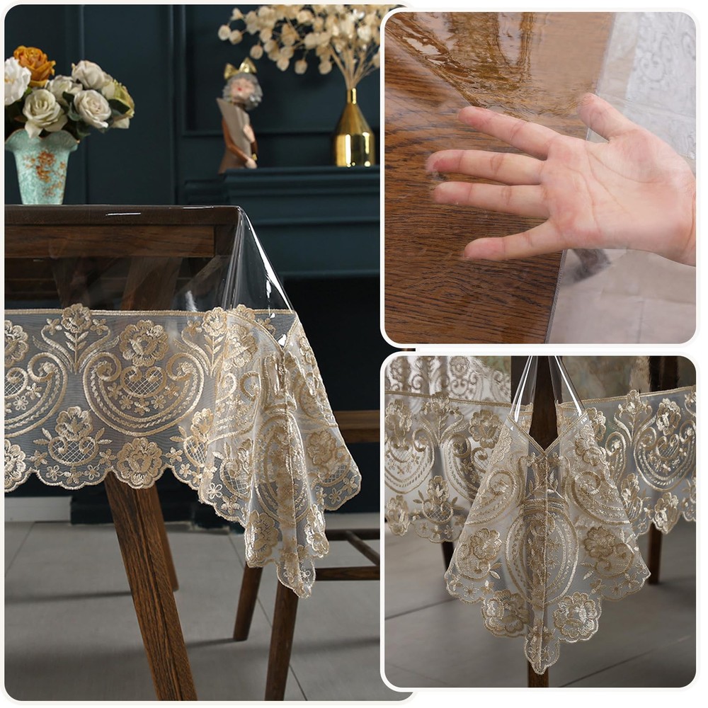 Clear Plastic Tablecloth Waterproof Rectangle Vinyl Table Cloth with Embroide...