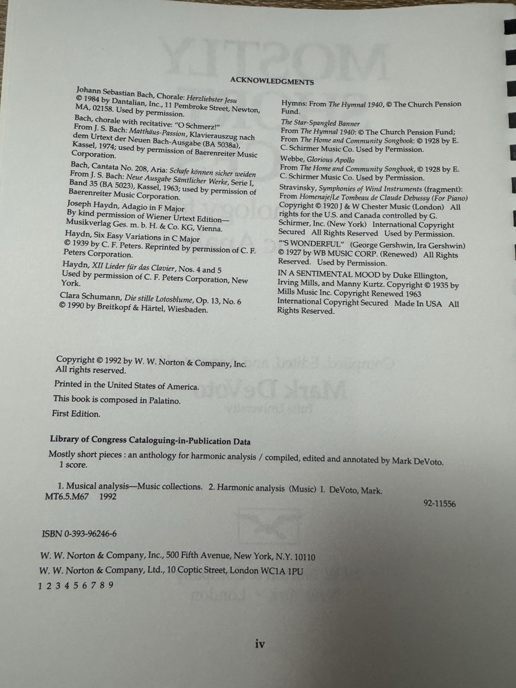Mostly Short Pieces, An Anthology For Harmonic Analysis, Instructors Copy