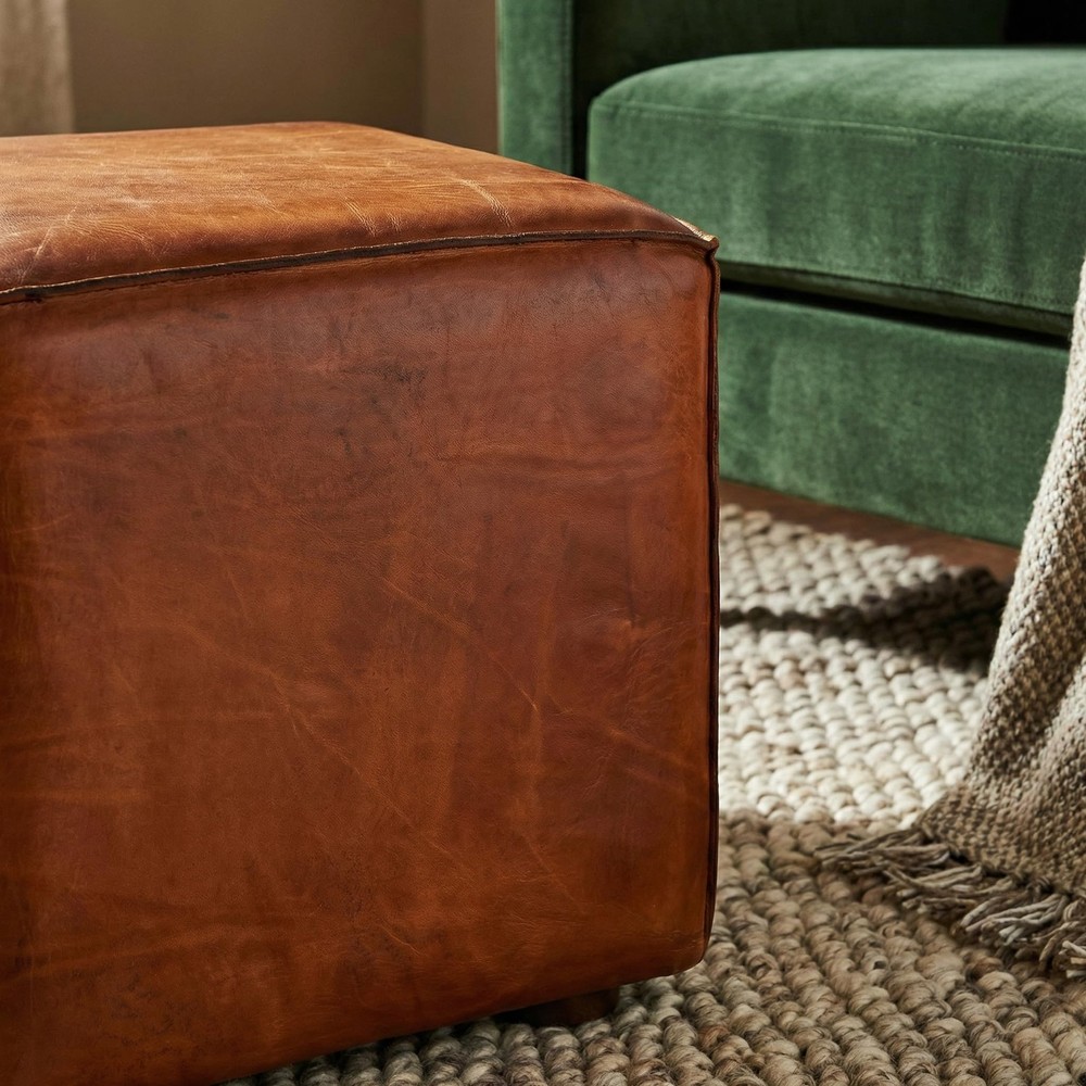 Sands Genuine Leather Cube Ottoman, Saddle Brown