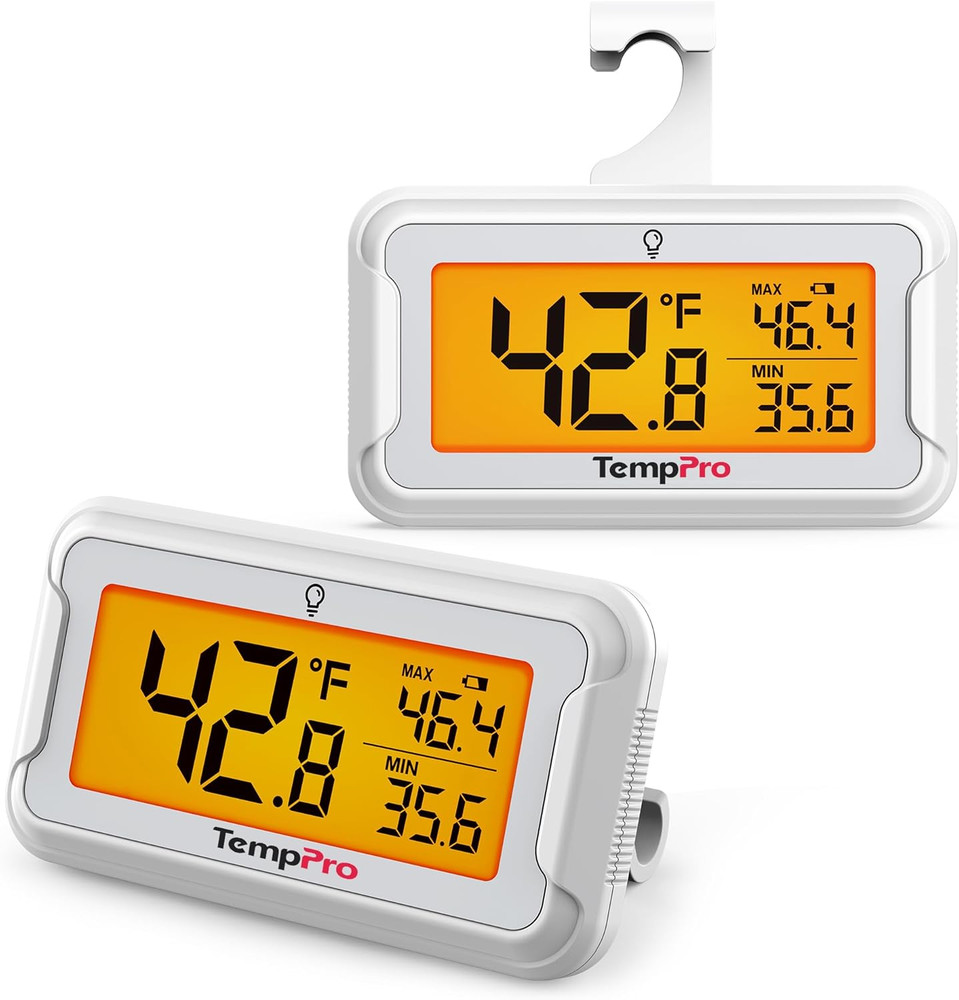 Refrigerator Thermometer 2 Pack with Large Backlit LCD Display, Waterproof Freez