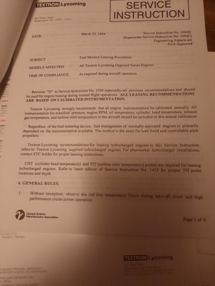 1996 Lycoming Data Pak Service Bulletins