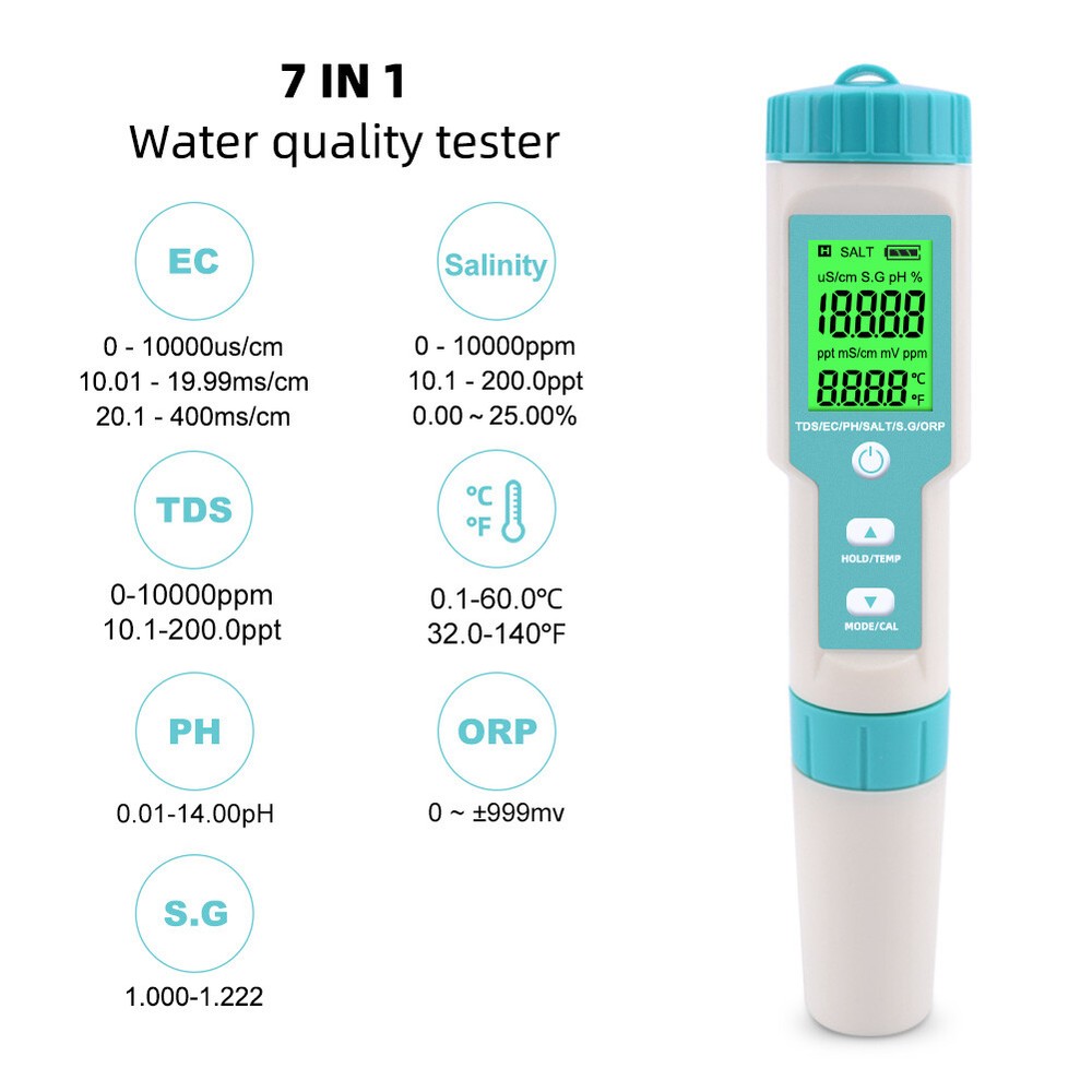 Digital LCD PH/TDS/EC/ORP/TEMP/SG/Salinity Water Quality Tester Meter Pen Kits