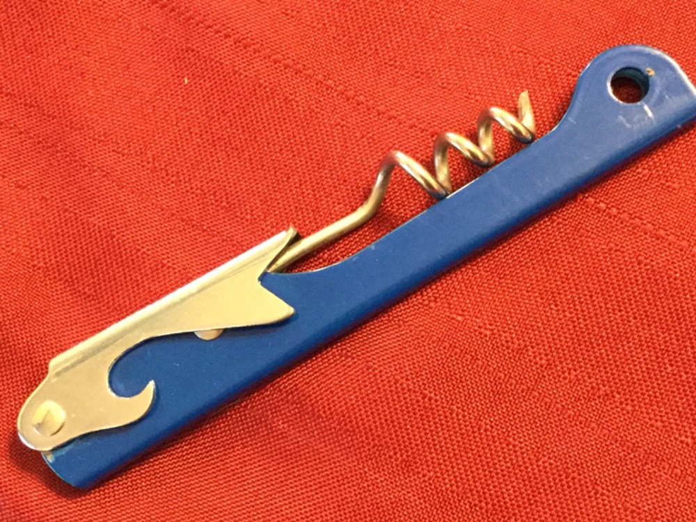 M. E. Heuck Co Blue Handle Silver Hardware Bottle Opener & Cork Screw Cin. O.