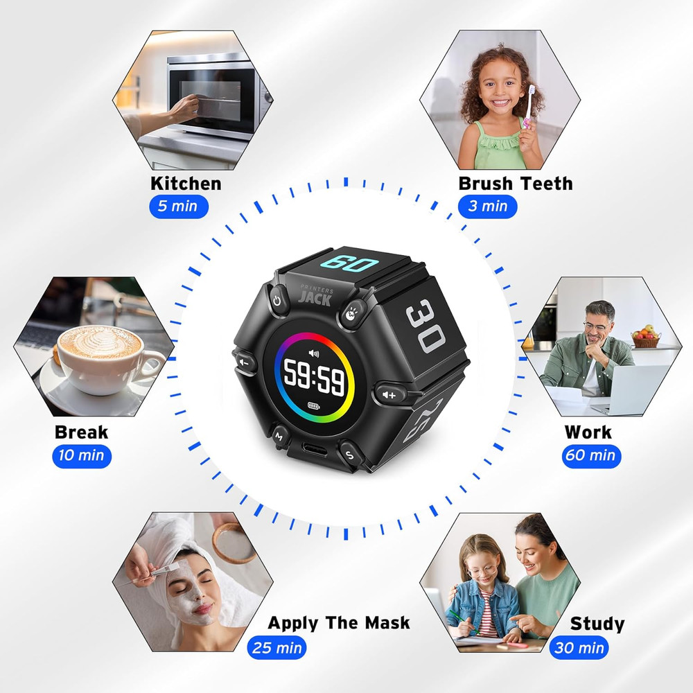 Pomodoro Timer Cube, Visual Focus Timer, Adjustable Sound Alert, 3/5/10/25/30/60