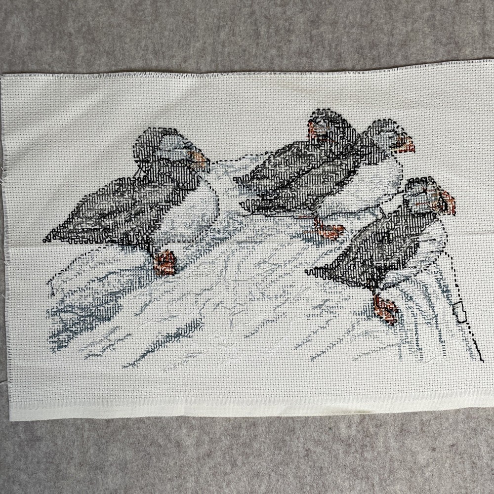 Finished Cross Stitch Puffins Unframed