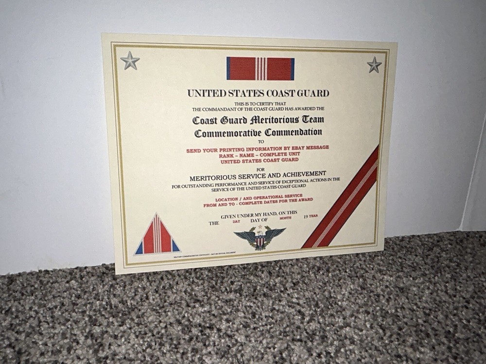 USCG MERITORIOUS TEAM COMMEMORATIVE COMMENDATION CERTIFICATE~W/PRINTING T-1
