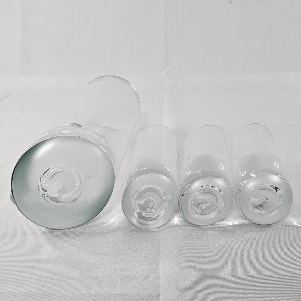 Clear Glass Tilted 9" Pitcher And 3 5.25" Glasses Please Read Description