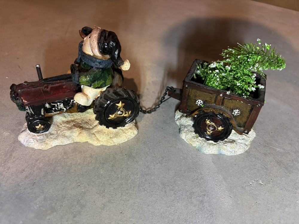 Snowman Riding Tractor Pulling Christmas Tree In Wagon 2pc Figurine