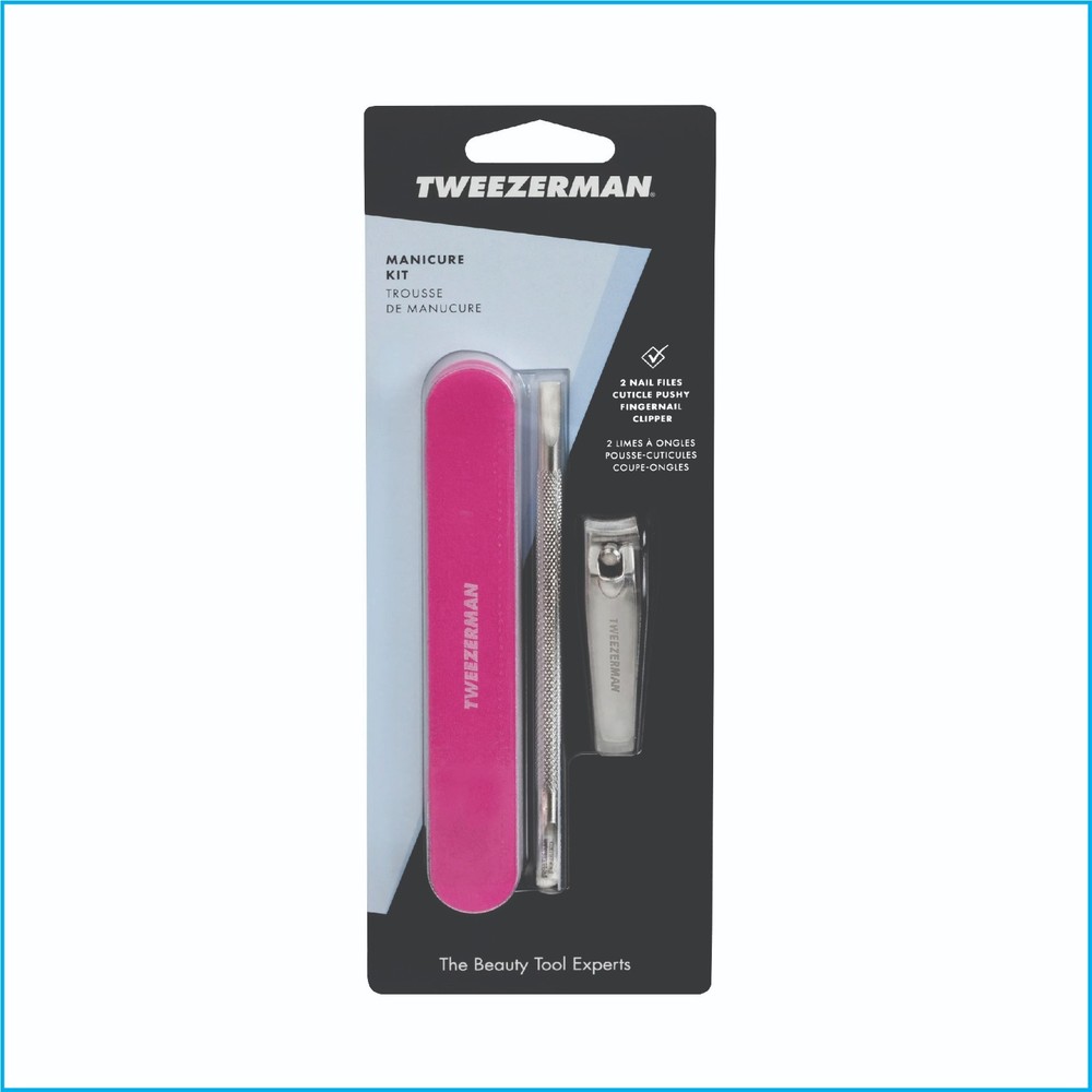 Tweezerman Neon Pink Manicure Kit Nail Clipper File Buffer Pusher Set