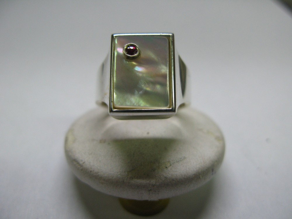 RECTANGULAR MOTHER OF PEARL RUBY 925 SILVER HANDMADE RING