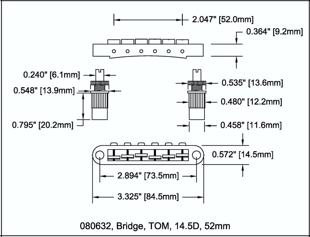 Bridge Post Style 6 String Black 52mm x 14.5mm 080632BK
