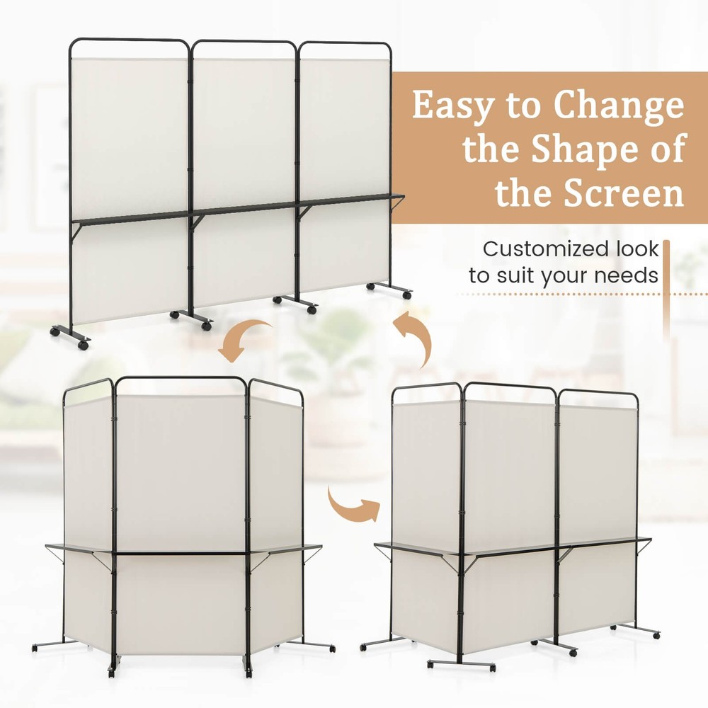 3-Panel Room Divider w/ Storage Shelves 6FT Tall Folding Privacy Screen on