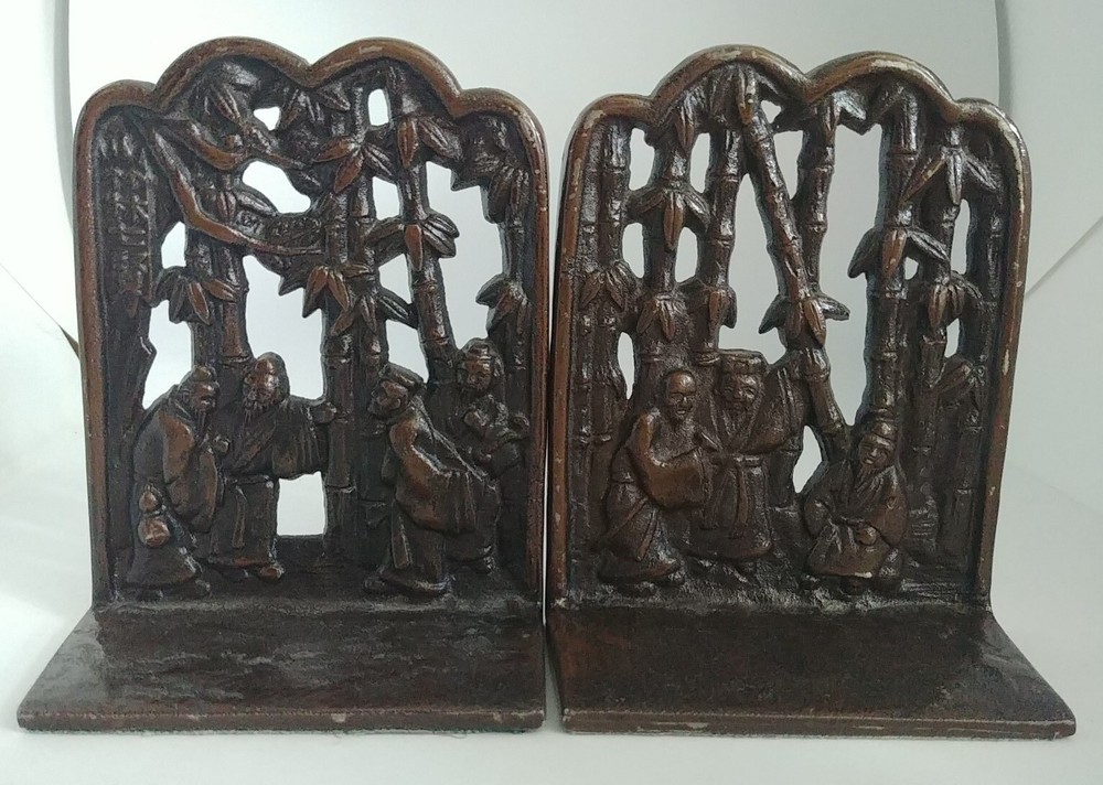 CAST IRON BOOKENDS CHINESE IMMORTALS Bamboo Design (B3-D16)