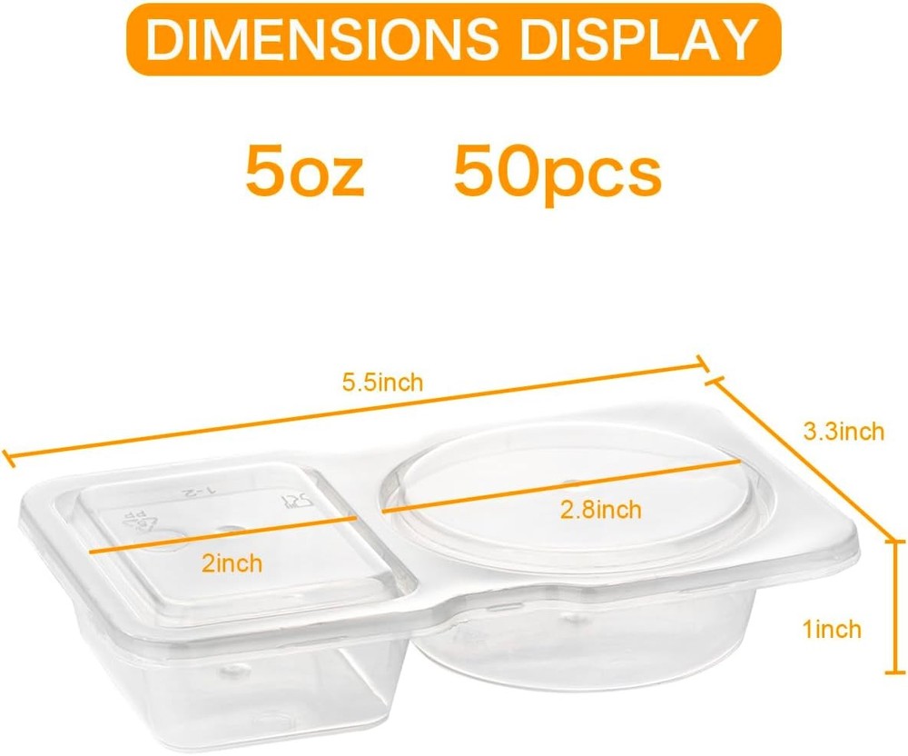 50 Pack Double Compartment Condiment Container with Lid, 5oz Disposable Clear