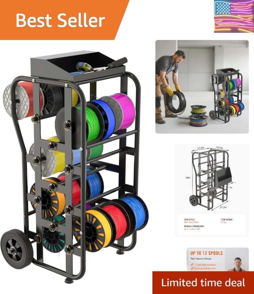 Wire Spool Rack with Wheels, Heavy Duty Cable Caddy & Wire Dispenser Organize...