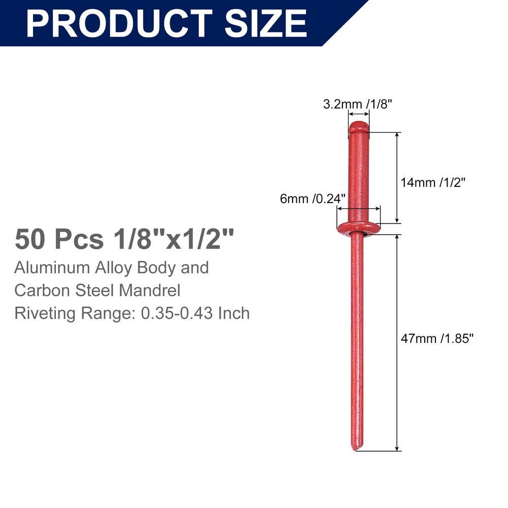 50Pcs 1/8"x1/2" Aluminum Blind Rivets, Dome Head Long Split Rivets, Red