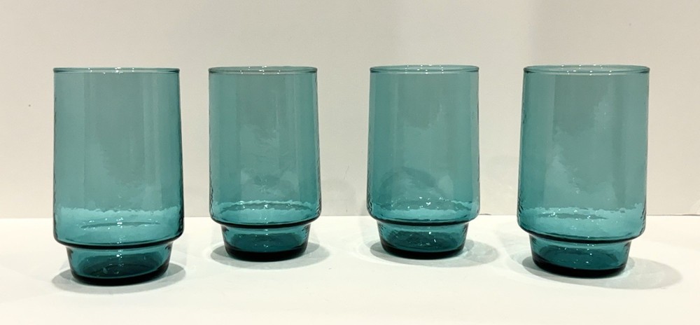 Vtg Barware Teal Blue Green Rocks Low Ball Drinking Glasses 5” STACKABLE 4 Pc.