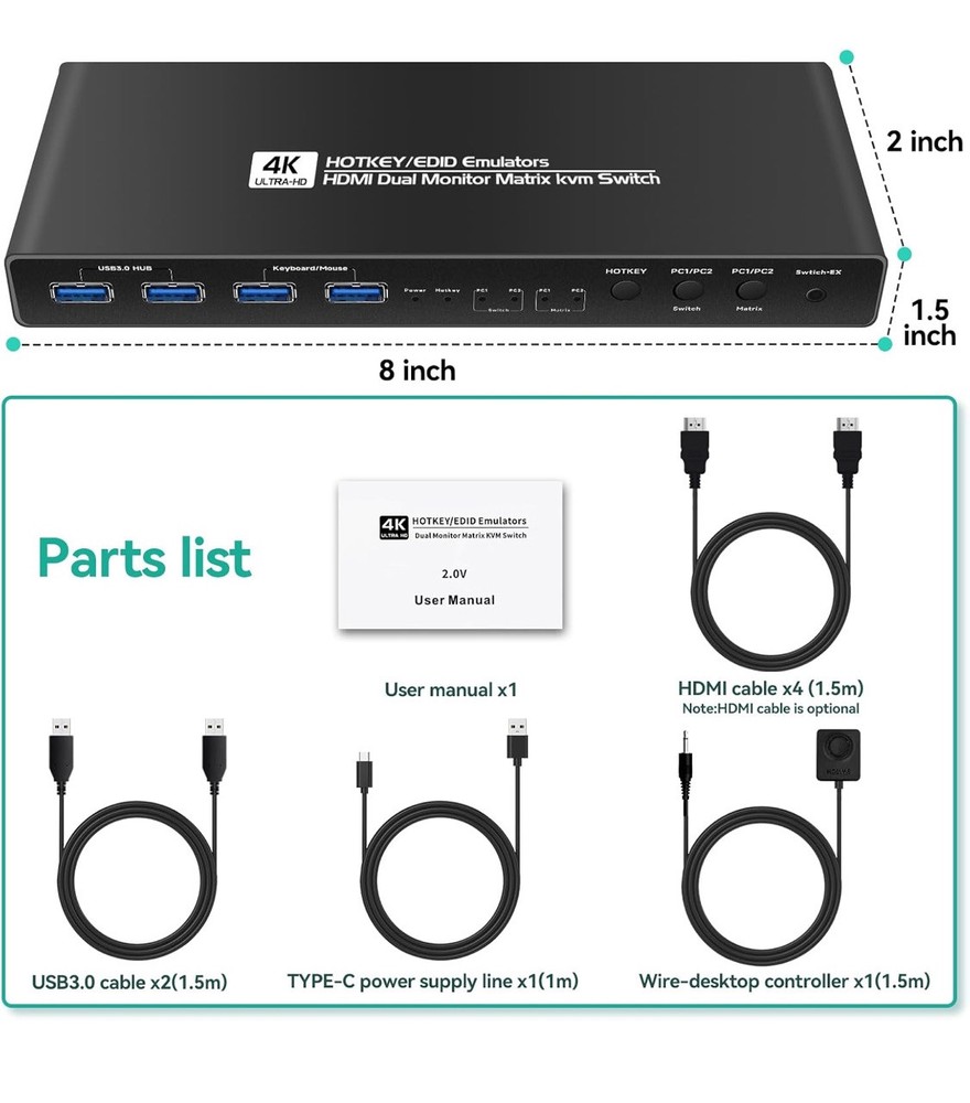 HDMI kvm Switch 2 Monitors 2 Computers edid Emulator 2k 144hz Extended Display