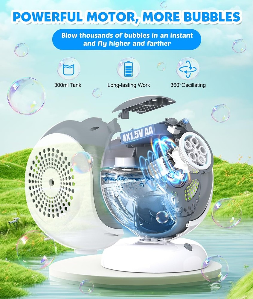 Bubble Machine - Automatic Bubbles Blower for Kids, Toddlers - 360° Oscillati...