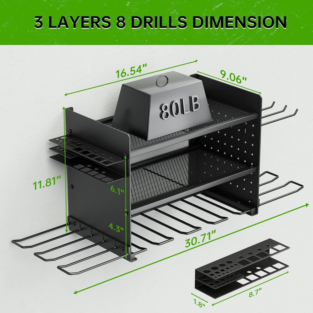 Power Tool Organizer, 3 Layer 8 Drill Holder Wall Mount, Tool Shelf and Stora...