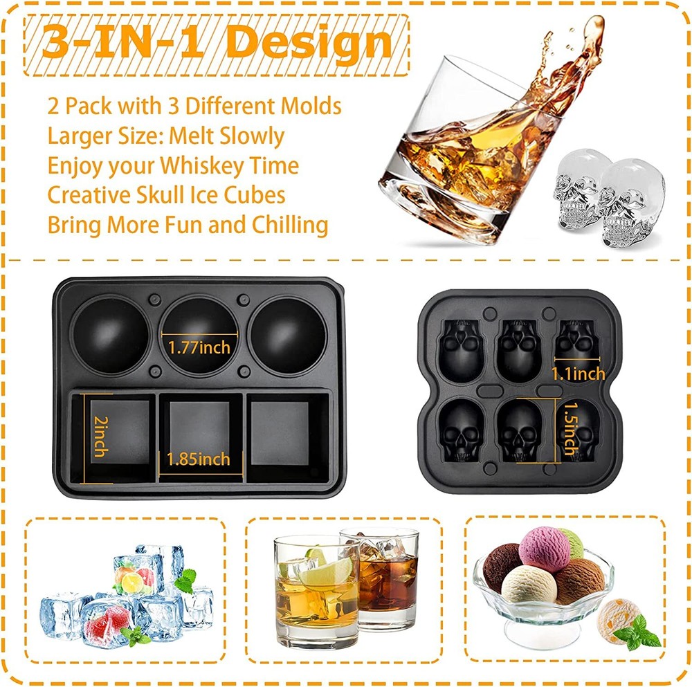 2 Silicone Ice Trays Makes 3 Molds 3D Skull Large Round Sphere Square Cube Black