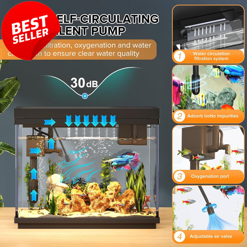 2.4 Gallon Fish Tank Starter Kit LED Temp Display Filter Pump Quiet - US