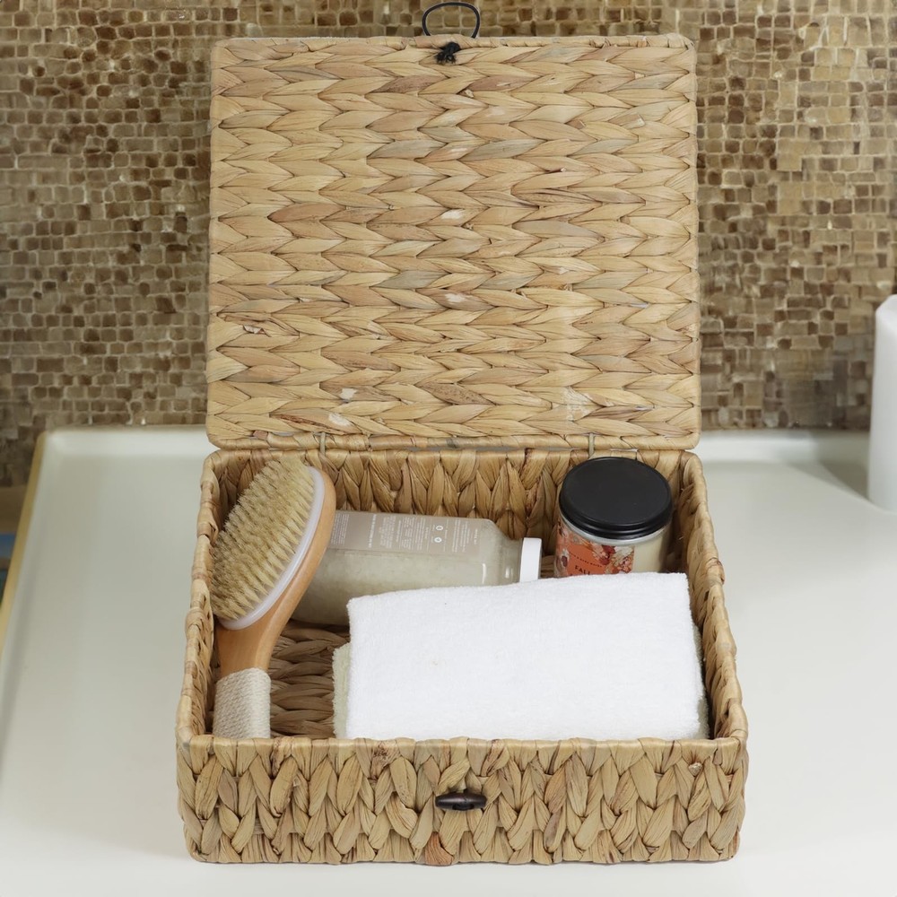 Water Hyacinth Basket with Lid, Rectangular Wicker Storage Basket Bins with L...