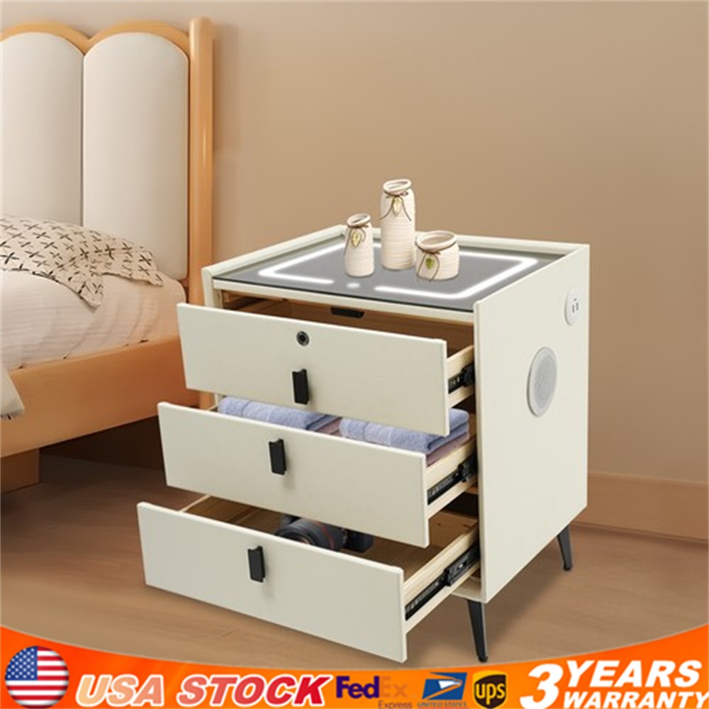 Bluetooth Nightstand Fingerprint Locking Drawer Wireless Charging 3 Color LED