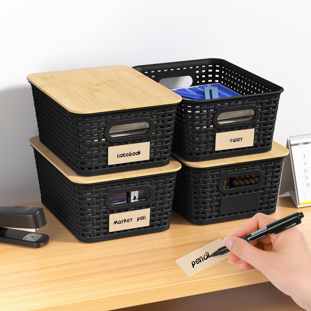 Plastic Storage Baskets with Bamboo Lids and Labels, Stackable Storage Contai...