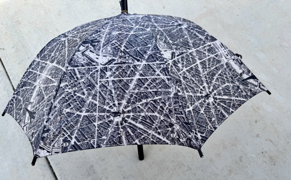 Paris Map Umbrella Grey Mauve Black Eiffel Tower Wood Handle