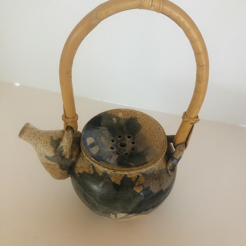 Studio Art Pottery Stoneware Teapot Bamboo Handle & Cup Speckled Glaze Signed