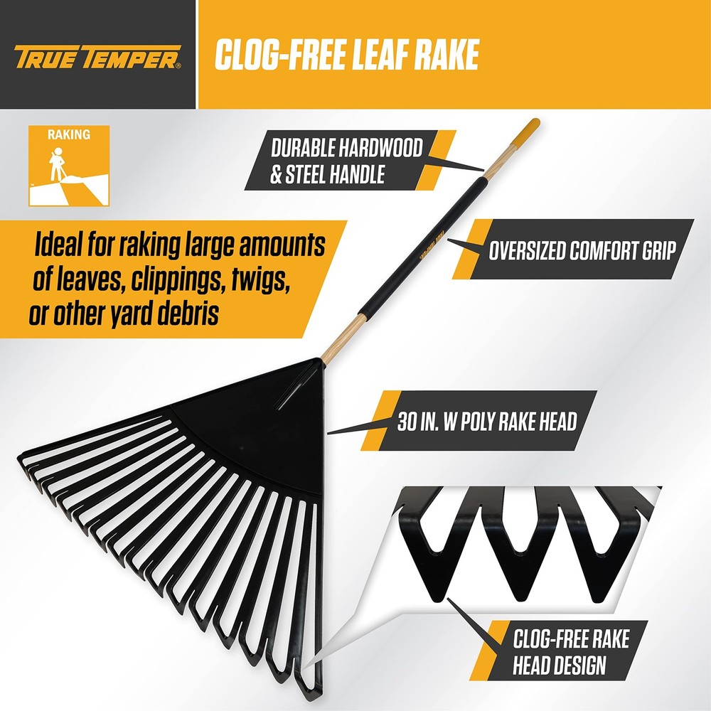 True Temper 30 Inch Clog Free Leaf Rake With Comfort Grip Handle