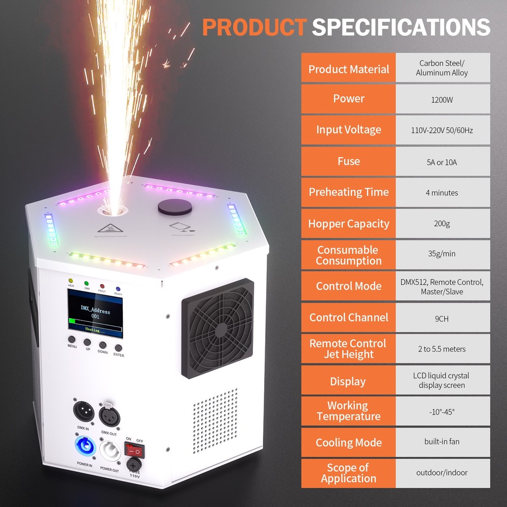 1200W Cold Spark Machine(Black/White) Stage Effect DMX Firework DJ Event Wedding