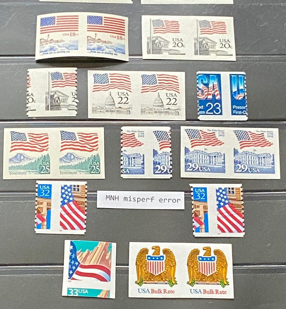 US POSTAGE MINT ERROR STAMPS-PATRIOTIC FLAGS-MISPERFS & MISSING PERF PAIRS-MNH
