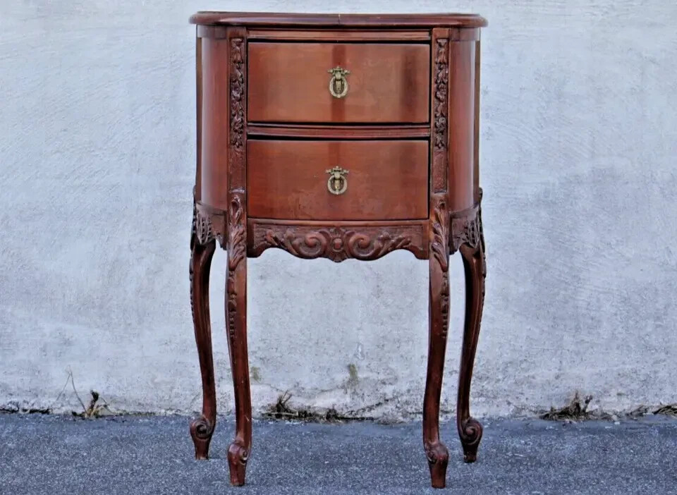 French Provincial Bedside Table - Demilune, Marble Top, Fully Refinished