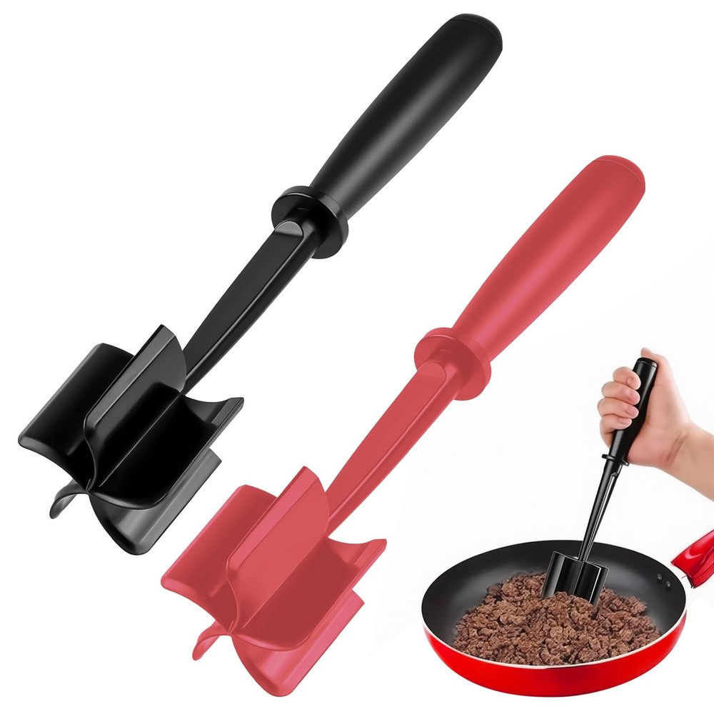 2Pcs Ground Beef Chopper Tool, Meat Masher One Size, Black + Red