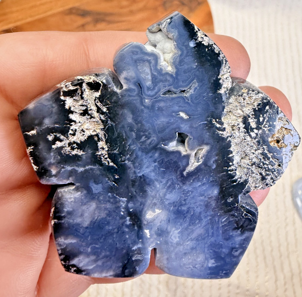 Blue Plume Agate Flower Carving